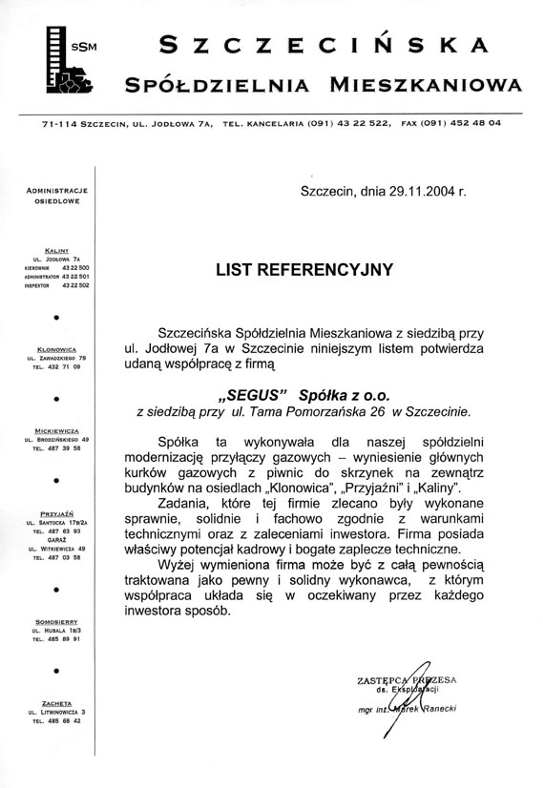 List referencyjny od Szczecińskiej Spółdzielni Mieszkaniowej