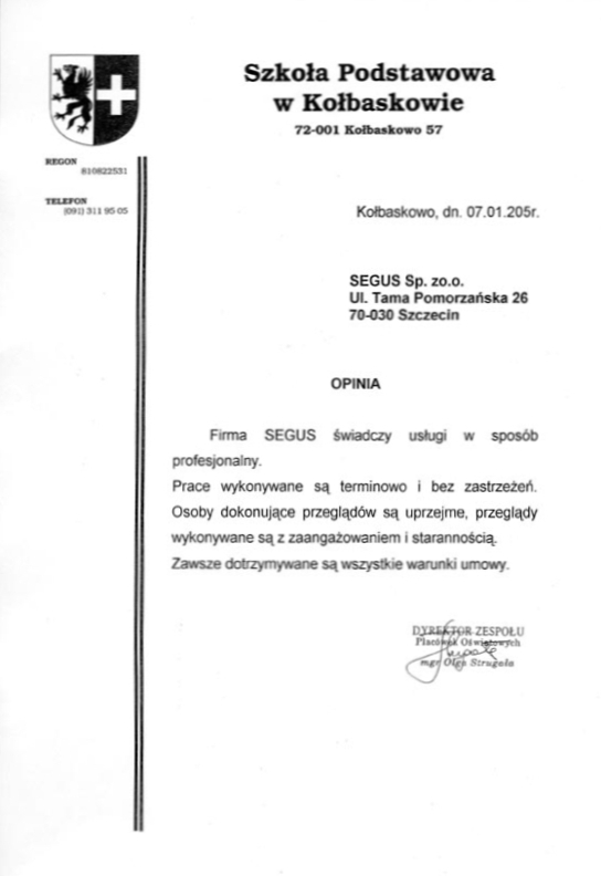 List referencyjny od Szkoły Podstawowej w Kołbaskowie